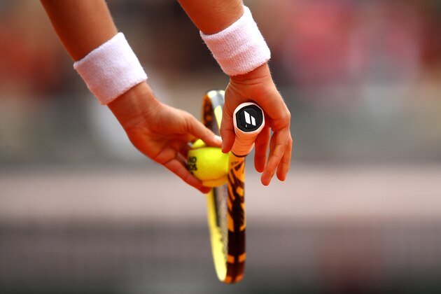 PARIS, FRANCE - JUNE 07: The racket of Johanna Konta of Great Britain as she prepares to serve during her ladies singles semi-final match against Marketa Vondrousova of The Czech Republic during Day thirteen of the 2019 French Open at Roland Garros on June 07, 2019 in Paris, France. (Photo by Julian Finney/Getty Images)