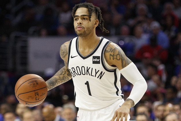 Brooklyn Nets' D'Angelo Russell in action during the second half in Game 2 of a first-round NBA basketball playoff series against the Philadelphia 76ers, Monday, April 15, 2019, in Philadelphia. 76ers won 145-123. (AP Photo/Chris Szagola)