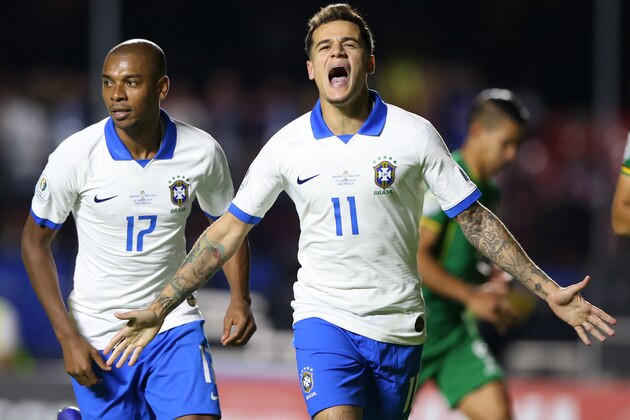 SAO PAULO, BRAZIL - JUNE 14: Philippe Coutinho of Brazil celebrates after scoring the second goal of his team during the Copa America Brazil 2019  group A match between Brazil and Bolivia at Morumbi Stadium on June 14, 2019 in Sao Paulo, Brazil. (Photo by Alexandre Schneider/Getty Images)