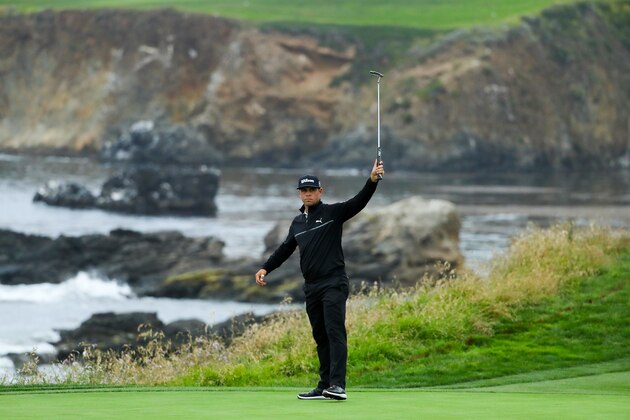 PEBBLE BEACH, CALIFORNIA - JUNE 14: Gary Woodland of the United States celebrates on the ninth green during the second round of the 2019 U.S. Open at Pebble Beach Golf Links on June 14, 2019 in Pebble Beach, California. (Photo by Warren Little/Getty Images)