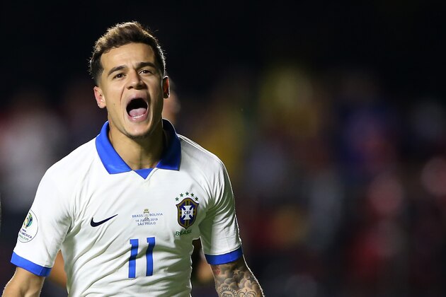 SAO PAULO, BRAZIL - JUNE 14: Philippe Coutinho of Brazil celebrates after scoring the second goal of his team during the Copa America Brazil 2019  group A match between Brazil and Bolivia at Morumbi Stadium on June 14, 2019 in Sao Paulo, Brazil. (Photo by Alexandre Schneider/Getty Images)
