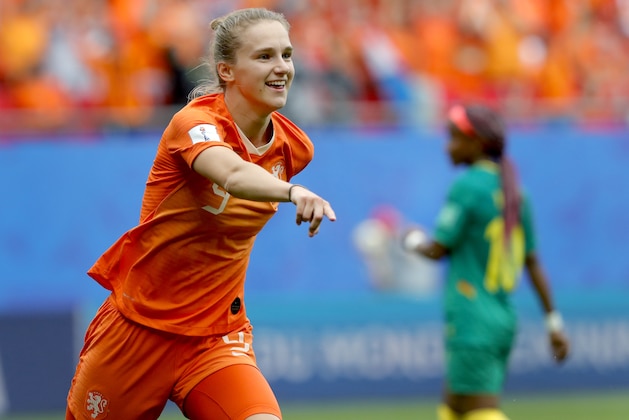 Netherlands' Vivianne Miedema celebrates after scoring her side's 3rd goal during the Women's World Cup Group E soccer match between the Netherlands and Cameroon at the Stade du Hainaut in Valenciennes, France, Saturday, June 15, 2019. (AP Photo/Michel Spingler)