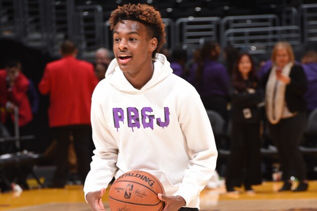 LOS ANGELES, CA - DECEMBER 28: LeBron James Jr. smiles on the court before the LA Clippers game against the Los Angeles Lakers on December 28, 2018 at STAPLES Center in Los Angeles, California. NOTE TO USER: User expressly acknowledges and agrees that, by downloading and/or using this photograph, user is consenting to the terms and conditions of the Getty Images License Agreement. Mandatory Copyright Notice: Copyright 2018 NBAE (Photo by Andrew D. Bernstein/NBAE via Getty Images)