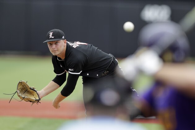 Louisville's Reid Detmers throws during the first inning in Game 1 of an NCAA college baseball super regional tournament against East Carolina, Friday, June 7, 2019, in Louisville, Ky. (AP Photo/Darron Cummings)