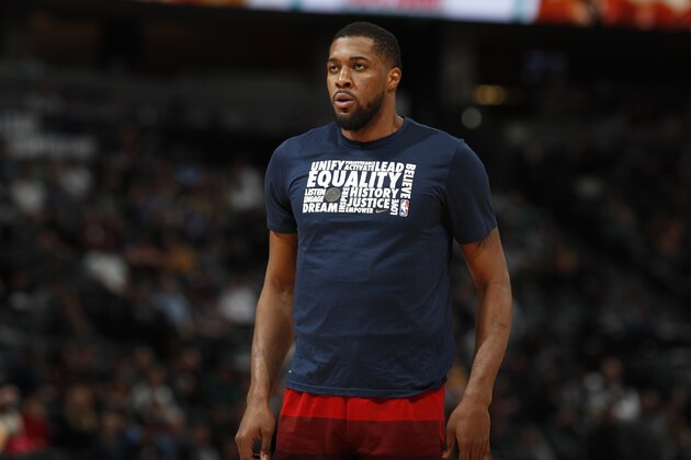 Utah Jazz forward Derrick Favors (15) in the second half of an NBA basketball game Thursday, Feb. 28, 2019, in Denver. The Jazz won 111-104. (AP Photo/David Zalubowski)