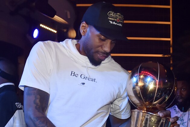 LAS VEGAS, NEVADA - JUNE 14: Kawhi Leonard of the Toronto Raptors celebrates the team's NBA championship at XS Nightclub at Wynn Las Vegas on June 14, 2019 in Las Vegas, Nevada.  (Photo by David Becker/Getty Images for Wynn Las Vegas)
