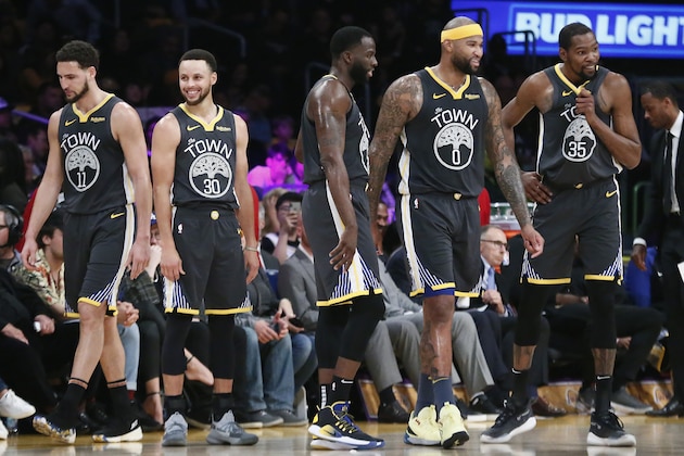 LOS ANGELES, CA - APRIL 4: Klay Thompson (11), Stephen Curry (30), Draymond Green (23), DeMarcus Cousins (0) and Kevin Durant (35) of the Golden State Warriors are seen during a game on April 4, 2019 at STAPLES Center in Los Angeles, California. NOTE TO USER: User expressly acknowledges and agrees that, by downloading and/or using this Photograph, user is consenting to the terms and conditions of the Getty Images License Agreement. Mandatory Copyright Notice: Copyright 2019 NBAE (Photo by Chris Elise/NBAE via Getty Images)