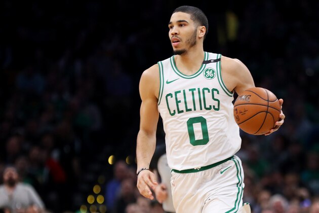 BOSTON, MASSACHUSETTS - MAY 06: Jayson Tatum #0 of the Boston Celtics dribbles against the Milwaukee Bucks during the second quarter of Game 4 of the Eastern Conference Semifinals during the 2019 NBA Playoffs at TD Garden on May 06, 2019 in Boston, Massachusetts. (Photo by Maddie Meyer/Getty Images)
