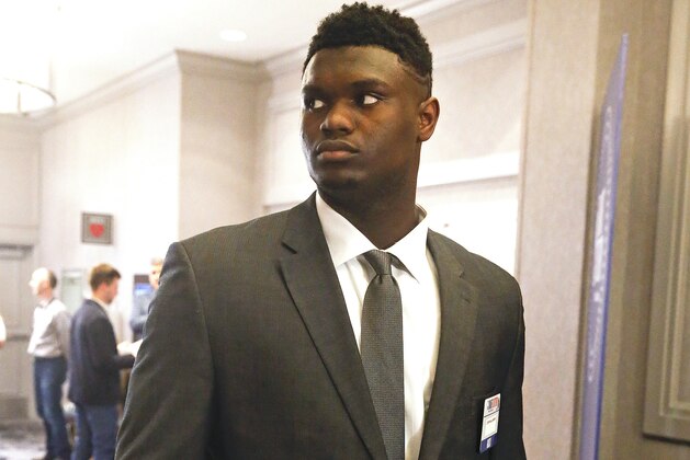 Duke's Zion Williamson arrives for the NBA basketball draft lottery Tuesday, May 14, 2019, in Chicago. (AP Photo/Nuccio DiNuzzo)