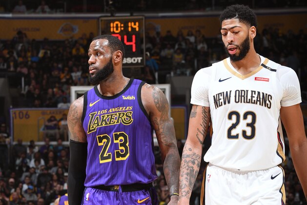 LOS ANGELES, CA - DECEMBER 21: LeBron James #23 of the Los Angeles Lakers and Anthony Davis #23 of the New Orleans Pelicans are seen during the game on December 21, 2018 at STAPLES Center in Los Angeles, California. NOTE TO USER: User expressly acknowledges and agrees that, by downloading and/or using this Photograph, user is consenting to the terms and conditions of the Getty Images License Agreement. Mandatory Copyright Notice: Copyright 2018 NBAE (Photo by Andrew D. Bernstein/NBAE via Getty Images)