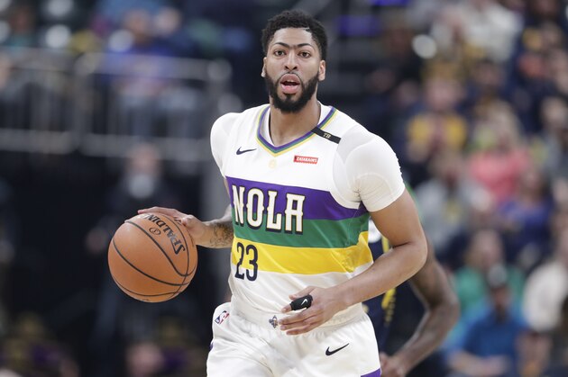 New Orleans Pelicans forward Anthony Davis (23) plays against the Indiana Pacers during the first half of an NBA basketball game in Indianapolis, Friday, Feb. 22, 2019. (AP Photo/Michael Conroy)
