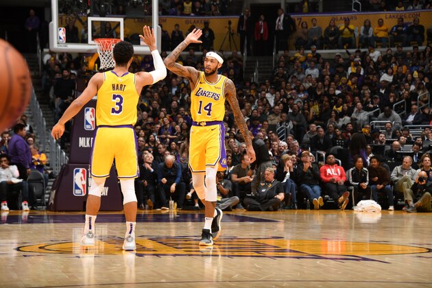 LOS ANGELES, CA - JANUARY 21: Josh Hart #3 of the Los Angeles Lakers and Brandon Ingram #14 of the Los Angeles Lakers celebrate during the game against the Golden State Warriors on January 21, 2019 at STAPLES Center in Los Angeles, California. NOTE TO USER: User expressly acknowledges and agrees that, by downloading and/or using this Photograph, user is consenting to the terms and conditions of the Getty Images License Agreement. Mandatory Copyright Notice: Copyright 2019 NBAE (Photo by Andrew D. Bernstein/NBAE via Getty Images)