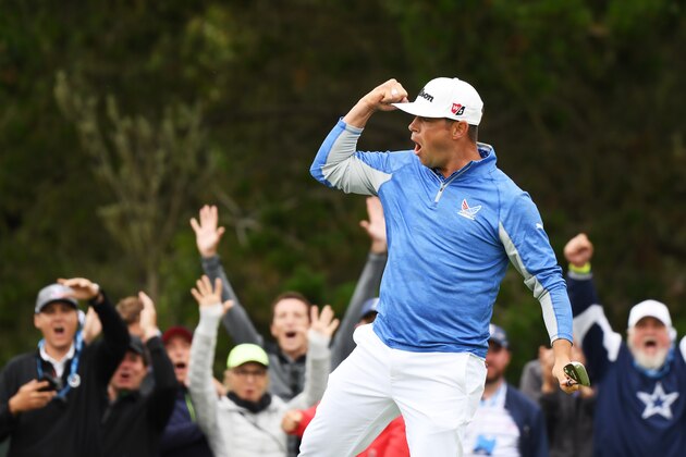 PEBBLE BEACH, CALIFORNIA - JUNE 15: Gary Woodland of the United States celebrates a par-saving putt on the 12th green during the third round of the 2019 U.S. Open at Pebble Beach Golf Links on June 15, 2019 in Pebble Beach, California. (Photo by Harry How/Getty Images)