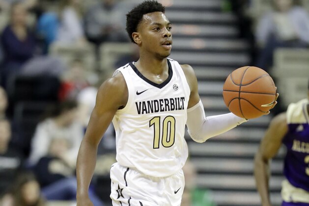 Vanderbilt guard Darius Garland plays against Alcorn State in the first half of an NCAA college basketball game Friday, Nov. 16, 2018, in Nashville, Tenn. (AP Photo/Mark Humphrey)