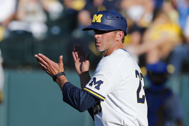 Michigan head coach Erik Bakich in an NCAA college baseball tournament super regional game against UCLA in Los Angeles, Saturday, June 8, 2019. UCLA won 5-4. (AP Photo/Ringo H.W. Chiu)