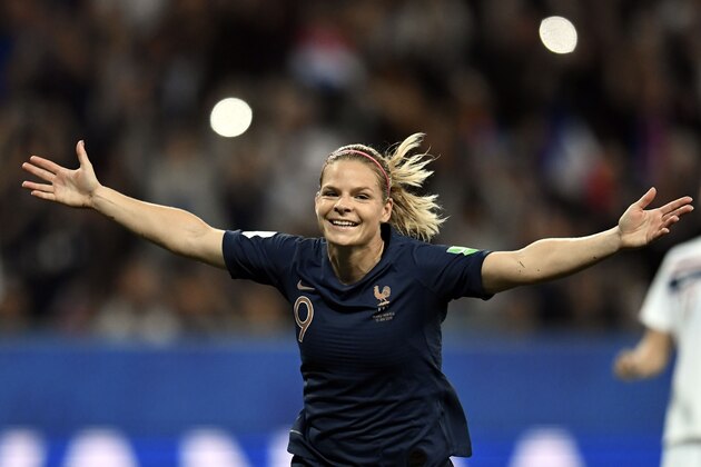France's forward Eugenie Le Sommer (C)celebrates after scoring a goal during the France 2019 Women's World Cup Group A football match between France and Norway, on June 12, 2019, at the Nice Stadium in Nice, southeastern France. (Photo by CHRISTOPHE SIMON / AFP)        (Photo credit should read CHRISTOPHE SIMON/AFP/Getty Images)