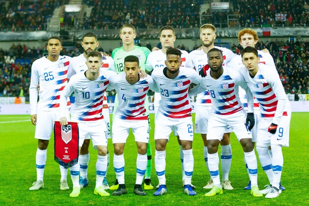 GENK, BELGIUM - NOVEMBER 20: Goalkeeper Ethan Horvath of the United States of America , Tyler Adams of the United States of America , Cameron Carter-Vickers of the United States of America , Marky Delgado of the United States of America , Christian Pulisic of the United States of America , Josuha Sargent of the United States of America , Shaq Moore of the United States of America , Walker Zimmerman of the United States of America , Kellyn Acosta of the United States of America , Reggie Cannon of the United States of America , Aaron Long of the United States of America during Italy v USA International Friendly at Luminus Arena in Genk on November 20, 2018 in Genk, Belgium. (Photo by TF-Images/Getty Images)