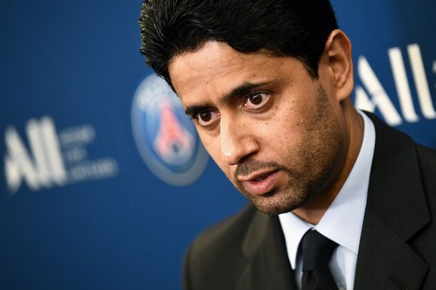 Paris Saint-Germain's Qatari president Nasser Al-Khelaifi answers to the press during a press conference to annonce new shirt sponsorship deal with the French multinational Accor at the Parc des Princes stadium in Paris on February 22, 2019. - PSG will wear on their shirts the logo of ALL, the loyalty program of Accor, one of the largest hotel chains in the world and whose headquarters are located just outside Paris. (Photo by FRANCK FIFE / AFP)        (Photo credit should read FRANCK FIFE/AFP/Getty Images)