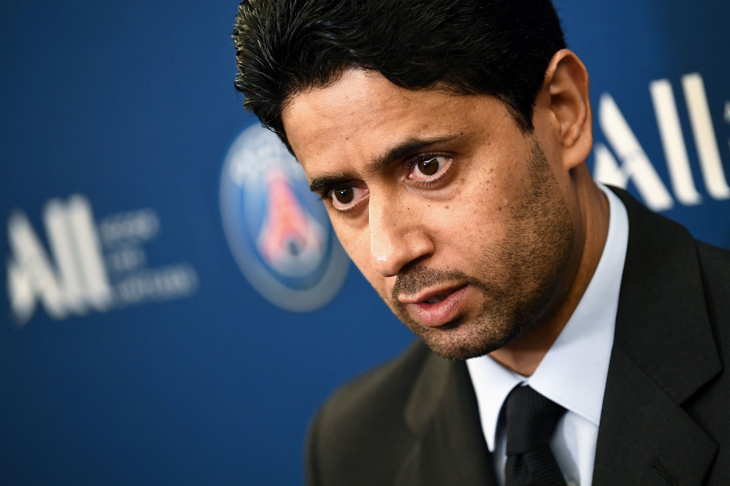 Paris Saint-Germain's Qatari president Nasser Al-Khelaifi answers to the press during a press conference to annonce new shirt sponsorship deal with the French multinational Accor at the Parc des Princes stadium in Paris on February 22, 2019. - PSG will wear on their shirts the logo of ALL, the loyalty program of Accor, one of the largest hotel chains in the world and whose headquarters are located just outside Paris. (Photo by FRANCK FIFE / AFP)        (Photo credit should read FRANCK FIFE/AFP/Getty Images)