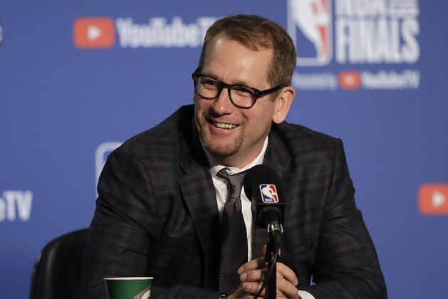 Toronto Raptors coach Nick Nurse smiles during a media conference after Game 4 of basketball's NBA Finals against the Golden State Warriors Friday, June 7, 2019, in Oakland, Calif. (AP Photo/Ben Margot)