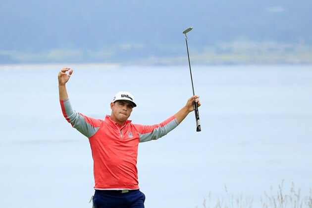 PEBBLE BEACH, CALIFORNIA - JUNE 16: Gary Woodland of the United States celebrates on the 18th green after winning the 2019 U.S. Open at Pebble Beach Golf Links on June 16, 2019 in Pebble Beach, California. (Photo by Andrew Redington/Getty Images)