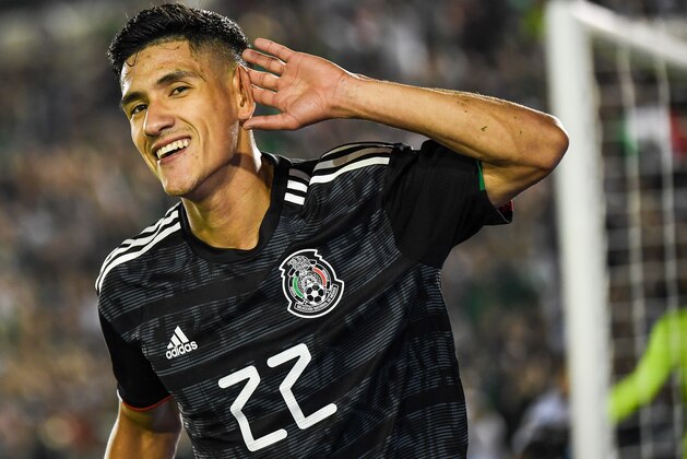 PASADENA, CA - JUNE 15: Uriel Atuna #22 of Mexico celebrates his hat trick during the 2019 CONCACAF Gold Cup Group A match between Mexico and Cuba at the Rose Bowl on June 15, 2019 in Pasadena, California. Mexico won the match 7-0  (Photo: Shaun Clark/Getty Images)