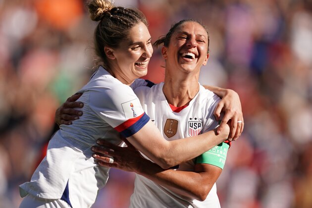 PARIS, FRANCE - JUNE 16: Morgan Brian and Carli Lloyd of the USA celebrate Carli's goal during the 2019 FIFA Women's World Cup France group F match between USA and Chile at Parc des Princes on June 16, 2019 in Paris, France. (Photo by Daniela Porcelli/Getty Images)
