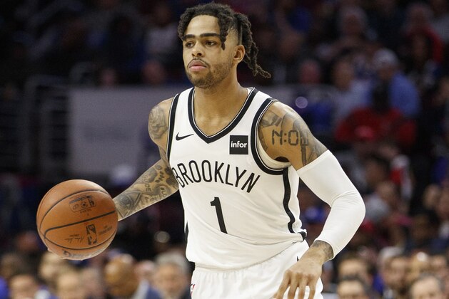 Brooklyn Nets' D'Angelo Russell in action during the second half in Game 2 of a first-round NBA basketball playoff series against the Philadelphia 76ers, Monday, April 15, 2019, in Philadelphia. 76ers won 145-123. (AP Photo/Chris Szagola)