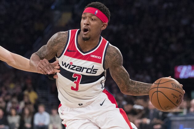 Washington Wizards guard Bradley Beal handles the ball during the first half of an NBA basketball game against the New York Knicks, Sunday, April 7, 2019, at Madison Square Garden in New York. (AP Photo/Mary Altaffer)