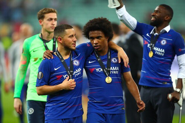 BAKU, AZERBAIJAN - MAY 28: Eden Hazard of Chelsea and Willian of Chelsea during the UEFA Europa League Final between Chelsea and Arsenal at Baku Olimpiya Stadionu on May 29, 2019 in Baku, Azerbaijan. (Photo by Robbie Jay Barratt - AMA/Getty Images)