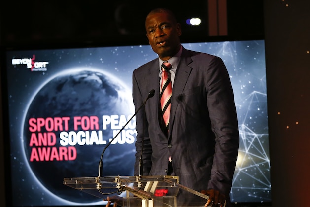 NEW YORK, NY - SEPTEMBER 12: Dikembe Mutombo presents the Sport For Peace and Social Justice Award of the Beyond Sport Global Awards on September 12, 2018 in New York City. (Photo by Jeff Zelevansky/Getty Images)