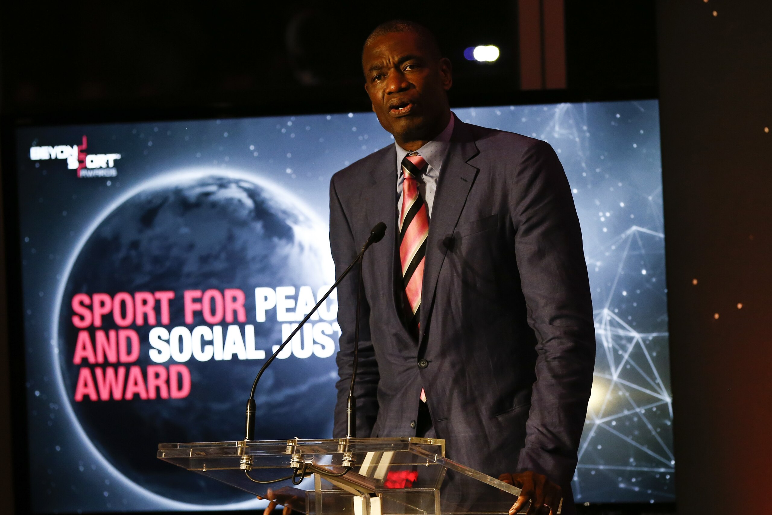 NEW YORK, NY - SEPTEMBER 12: Dikembe Mutombo presents the Sport For Peace and Social Justice Award of the Beyond Sport Global Awards on September 12, 2018 in New York City. (Photo by Jeff Zelevansky/Getty Images)