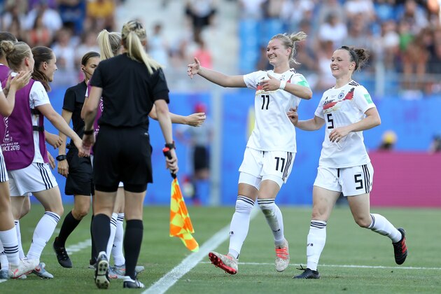 MONTPELLIER, FRANCE - JUNE 17: Alexandra Popp of Germany celebrates with teammates after scoring her team's third goal during the 2019 FIFA Women's World Cup France group B match between South Africa and Germany at Stade de la Mosson on June 17, 2019 in Montpellier, France. (Photo by Maja Hitij/Getty Images)