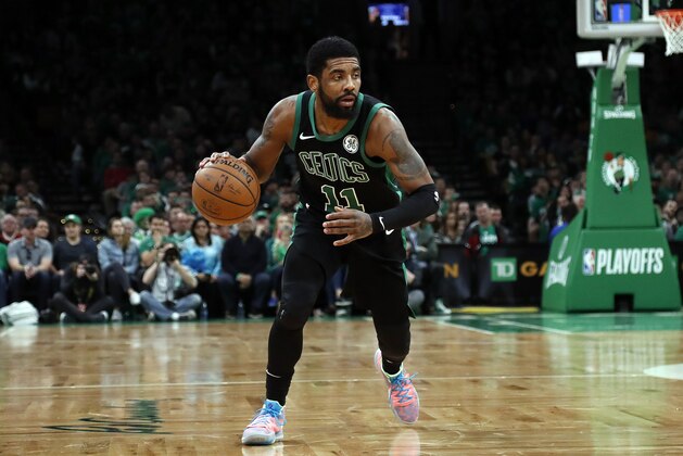 Boston Celtics' Kyrie Irving during the second quarter in Game 1 of a first-round NBA basketball playoff series against the Indiana Pacers, Sunday, April 14, 2019, in Boston. (AP Photo/Winslow Townson)