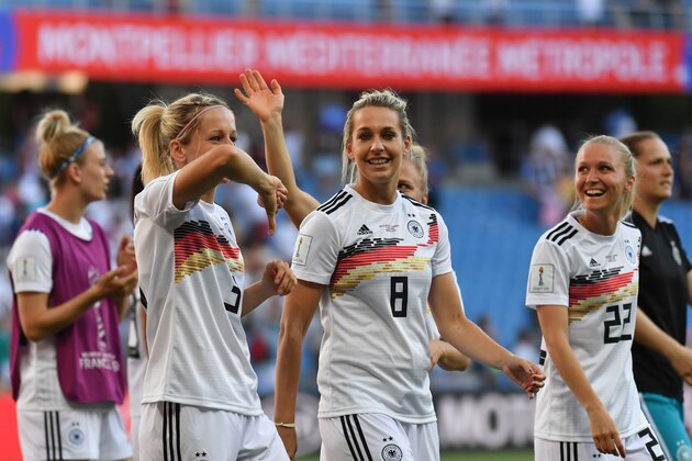 Germany's players celebrate after winning  the France 2019 Women's World Cup Group B football match between South Africa and Germany, on June 17, 2019, at the Mosson Stadium in Montpellier, southern France. (Photo by Pascal GUYOT / AFP)        (Photo credit should read PASCAL GUYOT/AFP/Getty Images)