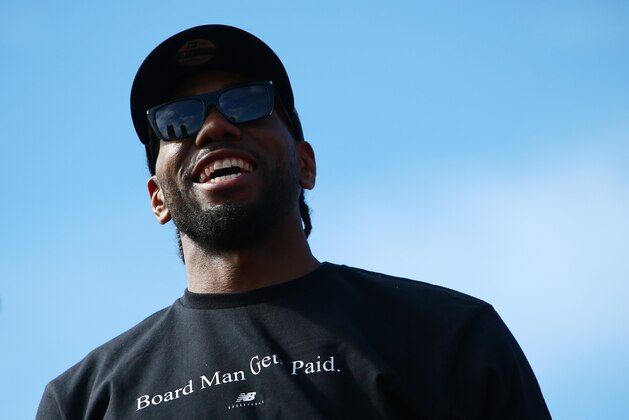 TORONTO, ON - JUNE 17:  Kawhi Leonard #2 of the Toronto Raptors looks on during the Toronto Raptors Victory Parade on June 17, 2019 in Toronto, Canada. The Toronto Raptors beat the Golden State Warriors 4-2 to win the 2019 NBA Finals.  NOTE TO USER: User expressly acknowledges and agrees that, by downloading and or using this photograph, User is consenting to the terms and conditions of the Getty Images License Agreement.  (Photo by Vaughn Ridley/Getty Images)