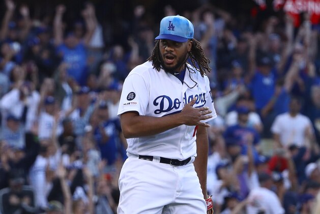 LOS ANGELES, CALIFORNIA - JUNE 16: Closing pitcher Kenley Jansen #74 of the Los Angeles Dodgers reacts after the last out to end the game against the Chicago Cubs at Dodger Stadium on June 16, 2019 in Los Angeles, California. The Dodgers defeated the Cubs 3-2. (Photo by Victor Decolongon/Getty Images)