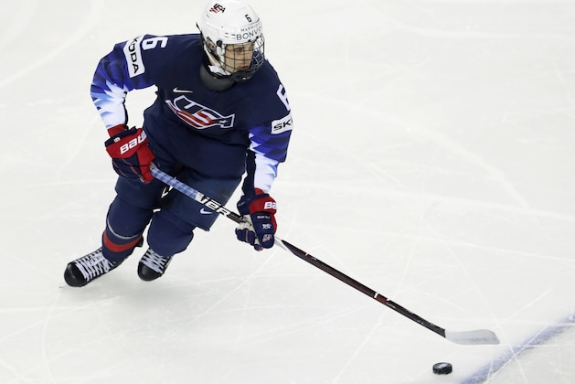 Jack Hughes of the US controls the puck during the Ice Hockey World Championships group A match between the United States and Finland at the Steel Arena in Kosice, Slovakia, Monday, May 13, 2019. (AP Photo/Petr David Josek)