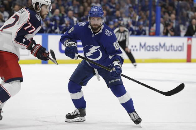 Tampa Bay Lightning right wing Nikita Kucherov (86) during the second period of Game 2 of an NHL Eastern Conference first-round hockey playoff series against the Columbus Blue Jackets Friday, April 12, 2019, in Tampa, Fla. (AP Photo/Chris O'Meara)
