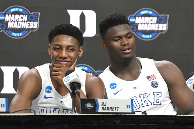 WASHINGTON, DC - MARCH 29:  RJ Barrett #5 andZion Williamson #1 of the Duke Blue Devils addresses the media after the East Regional game of the 2019 NCAA Men's Basketball Tournament against the Virginia Tech Hokies at Capital One Arena on March 29, 2019 in Washington, DC.  (Photo by Mitchell Layton/Getty Images)