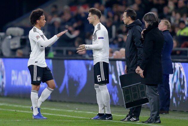 GELSENKIRCHEN, GERMANY - NOVEMBER 19: (L-R) Leroy Sane of Germany, Leon Goretzka of Germany  during the  UEFA Nations league match between Germany  v Holland  at the Veltins Arena on November 19, 2018 in Gelsenkirchen Germany (Photo by Peter Lous/Soccrates/Getty Images)