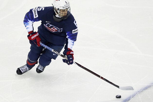 Jack Hughes of the US controls the puck during the Ice Hockey World Championships group A match between the United States and Finland at the Steel Arena in Kosice, Slovakia, Monday, May 13, 2019. (AP Photo/Petr David Josek)