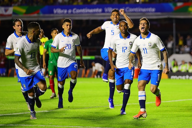 SAO PAULO, BRAZIL - JUNE 14: Philippe Coutinho of Brazil celebrates scoring the opening goal during the Copa America Brazil 2019 group A match between Brazil and Bolivia at Morumbi Stadium on June 14, 2019 in Sao Paulo, Brazil. (Photo by Chris Brunskill/Fantasista/Getty Images)