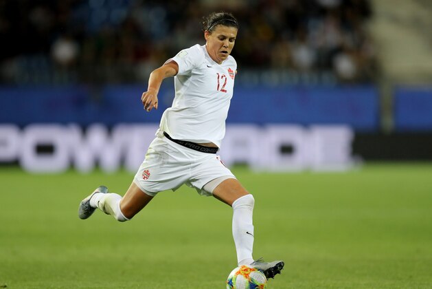 MONTPELLIER, FRANCE - JUNE 10: Christine Sinclair #12 of Canada takes the ball in the second half against Cameroon during the 2019 FIFA Women's World Cup France group E match between Canada and Cameroon at Stade de la Mosson on June 10, 2019 in Montpellier, France. (Photo by Elsa/Getty Images)