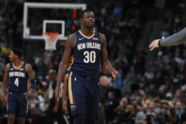 New Orleans Pelicans center Julius Randle (30) in the second half of an NBA basketball game Saturday, March 2, 2019, in Denver. The Pelicans won 120-112. (AP Photo/David Zalubowski)
