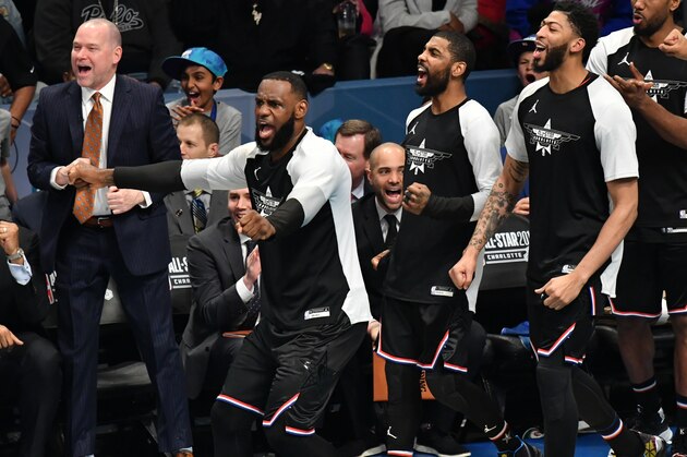CHARLOTTE, NC - FEBRUARY 17: LeBron James #23 Kyrie Irving #11 Anthony Davis #23 and Kawhi Leonard #2 of Team LeBron react against Team Giannis during the 2019 NBA All Star Game on February 17, 2019 at Spectrum Center in Charlotte, North Carolina. NOTE TO USER: User expressly acknowledges and agrees that, by downloading and or using this photograph, User is consenting to the terms and conditions of the Getty Images License Agreement.  Mandatory Copyright Notice:  Copyright 2019 NBAE (Photo by Jesse D. Garrabrant/NBAE via Getty Images)