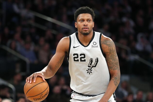 San Antonio Spurs forward Rudy Gay (22) during the second half of an NBA basketball game in New York, Sunday, Feb. 24, 2019. The Knicks defeated the Spurs 130-118, avoiding tying an NBA record for home losses. (AP Photo/Kathy Willens)