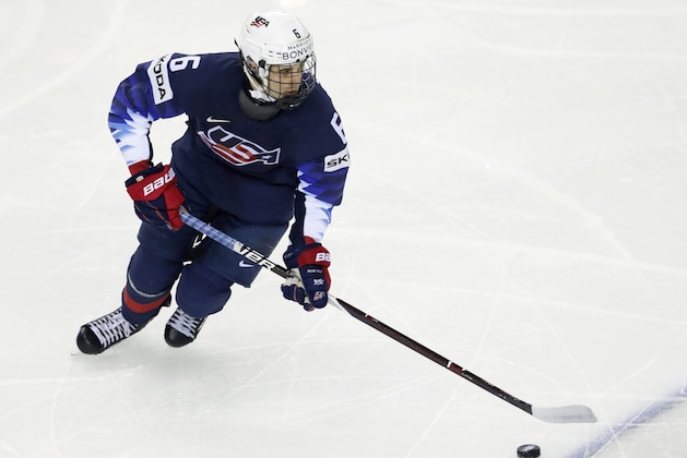 Jack Hughes of the US controls the puck during the Ice Hockey World Championships group A match between the United States and Finland at the Steel Arena in Kosice, Slovakia, Monday, May 13, 2019. (AP Photo/Petr David Josek)