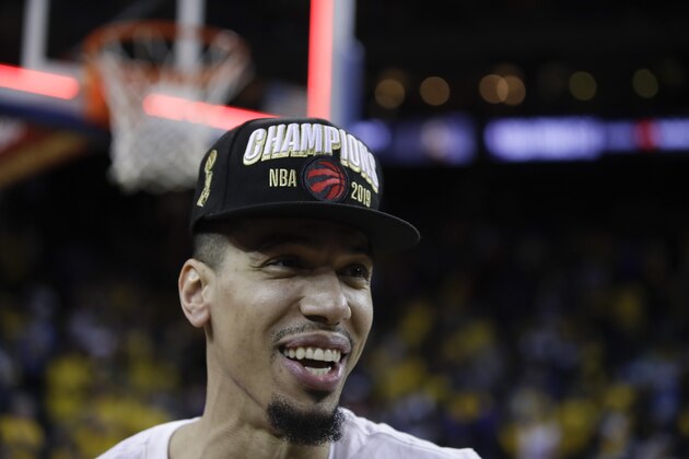Toronto Raptors guard Danny Green celebrates after the Raptors defeated the Golden State Warriors Game 6 of basketball's NBA Finals in Oakland, Calif., Thursday, June 13, 2019. (AP Photo/Ben Margot)
