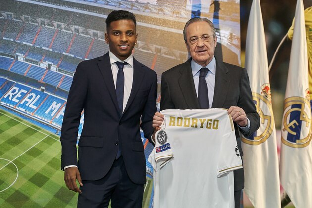 MADRID, SPAIN - JUNE 18: Rodrygo is presented as a new player of Real Madrid CF with Florentino Pérez at Estadio Santiago Bernabeu on June 18, 2019 in Madrid, Spain. (Photo by Quality Sport Images/Quality Sport Images)
